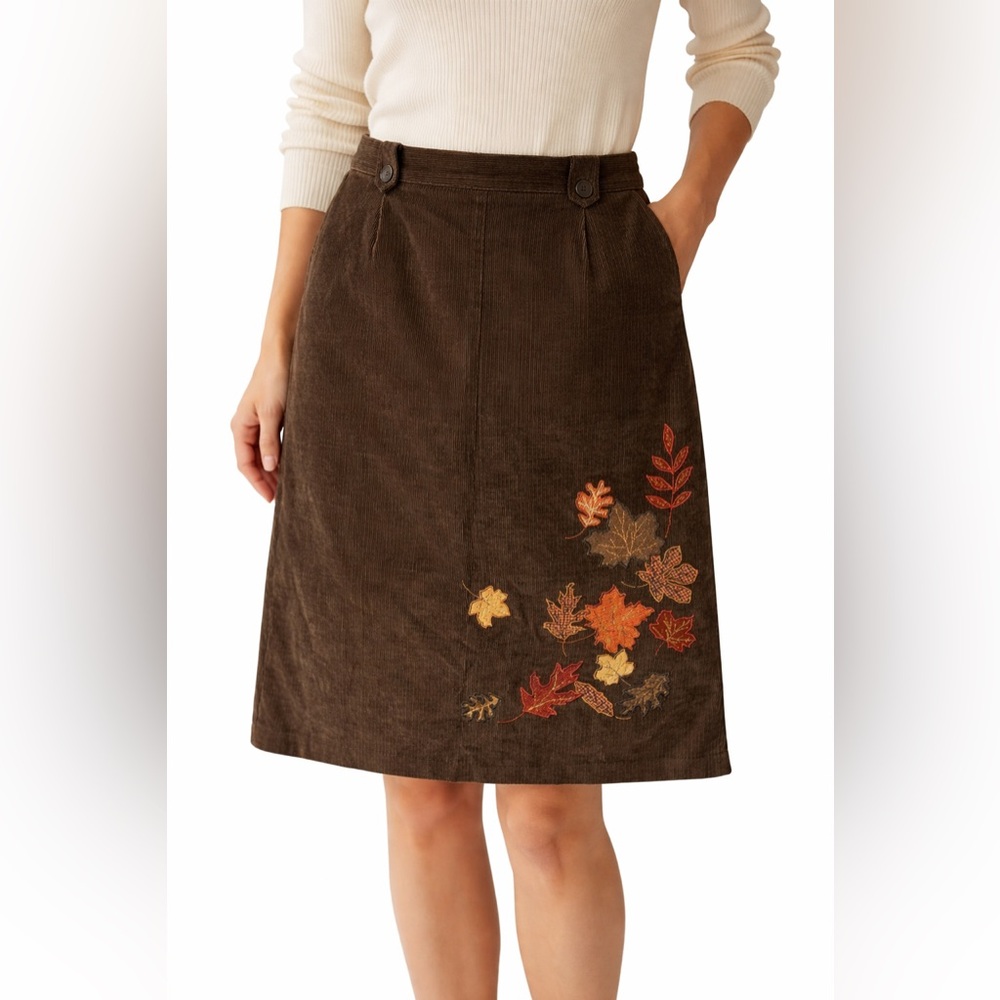 VINTAGE Norton Studio Dark Brown Autumn Leaf Embroidered Corduroy Skirt Size 10